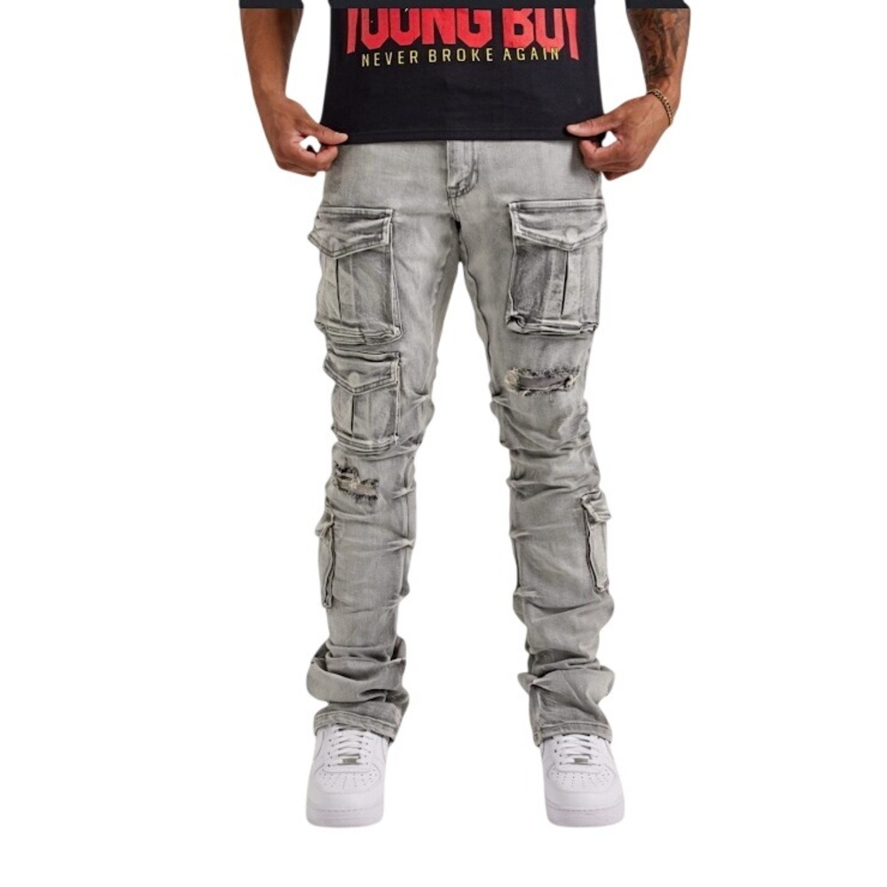 Smoke Rise Utility Cargo Jeans Mens 40 Gray Distressed Stacked Streetwear Denim